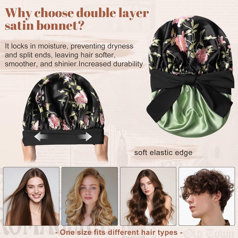 CHLINS Satin Bonnet Silk Bonnet for Sleeping Silk Sleep Cap Double Layer Hair Bonnet with Elastic Tie Band for Curly Hair Night Cap (Black flower+Green) - Image 3